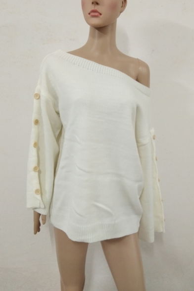 Unique White Plain One Shoulder Button Flared Sleeve Sweater for Women