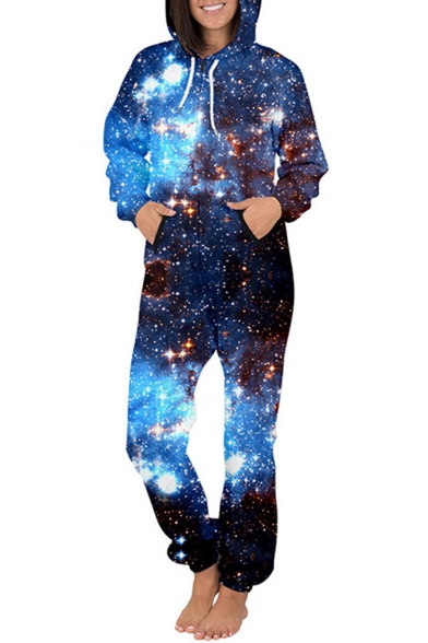 Unisex Hot Fashion Galaxy Starry Sky 3D Printed Long Sleeve Drawstring Hoodie Zip Up Jumpsuits