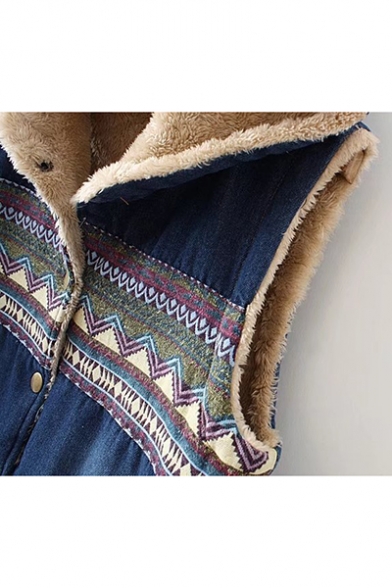 Vintage Tribal Print Sleeveless Single Breasted Hooded Longline Cotton Vest