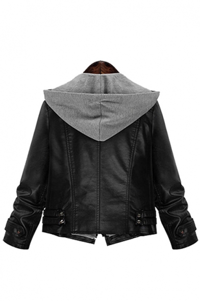 Women's Fashion Simple Contrast Hooded Long Sleeve Leather Jacket