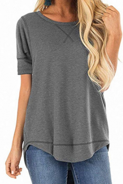 Women Summer Plain Short Sleeve Round Neck Loose Casual T-Shirt