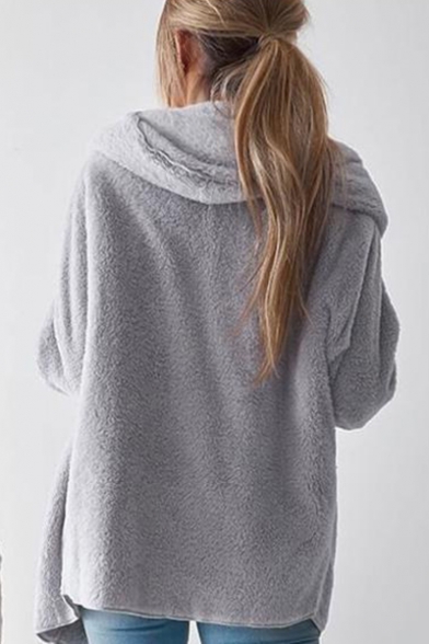 Women Warm Plain Loose Open Front Hooded Longline Plush Outerwear Coat