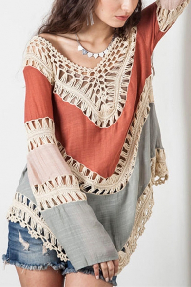 Womens Boxy Stripes Pierced Print Beach Style V-Neck Drop Sleeve Sweater
