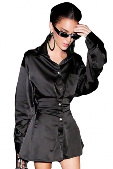 Womens Collar Neck Long Sleeve Pockets Button Down Mini Black Shirt Dress