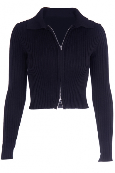 Womens Cool Plain Collared Fitted Long Sleeve Front Zipper Cardigan