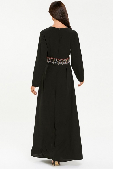 Womens Fashion Round Neck Long Sleeve Tribal Print Embroidery Webbing Tunic Black A-Line Maxi Dress