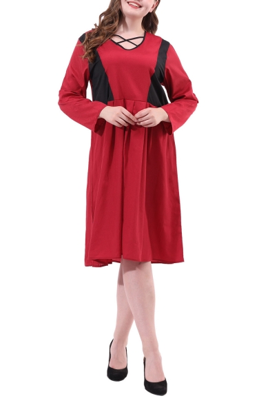 Womens Hot V-Neck Long Sleeve Color Block Sashes Loose Burgundy Chiffon A-Line Midi Dress