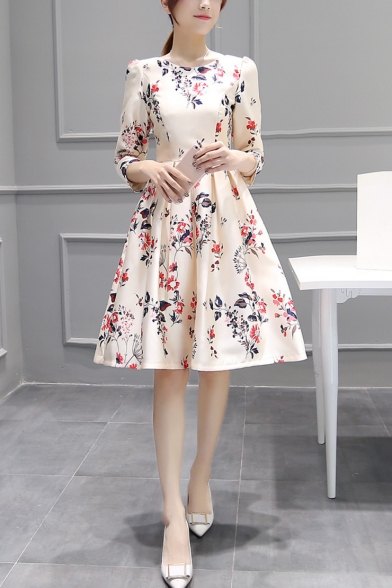 Womens New Fashion Round Neck Half Sleeve Floral Print Fit A-Line Midi Dress