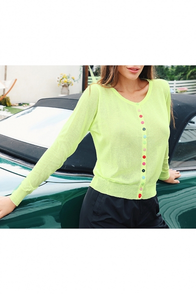 Womens New Fashion Round Neck Plain Long Sleeve Button Down Loose Knitwear Green T-Shirt