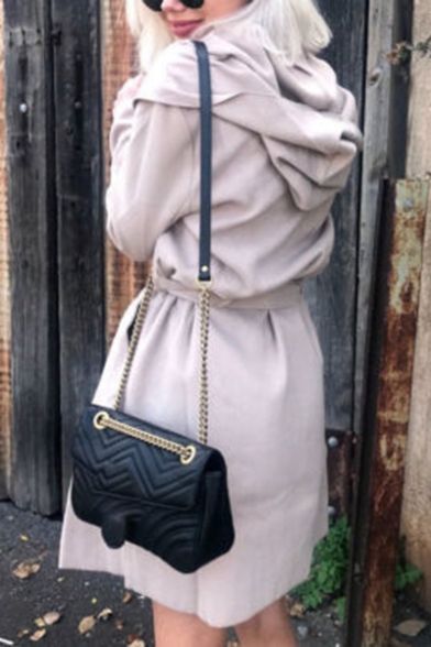 Womens New Stylish Simple Plain Hooded Long Sleeve Tied Waist Longline Trench Coat
