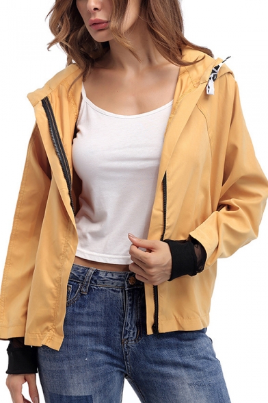 Womens New Trendy Yellow Solid Color Long Sleeve Zip Up Hooded Coat