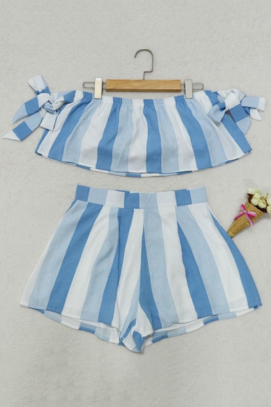 Womens Stripe Print Tied sleeve Strapless Crop Tee with Wide-Leg Culottes Shorts Co-ords