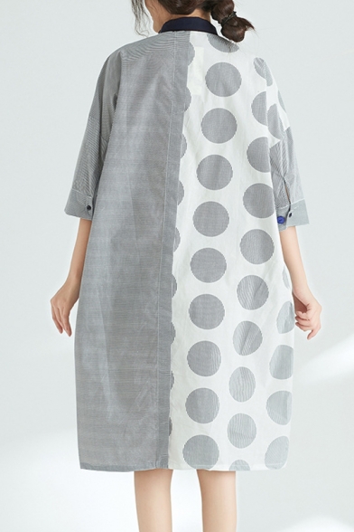 Womens Summer Fashion Lapel Collar Half Sleeve Panelled Polka Dot Button Up Loose Shirt Shift Midi Dress