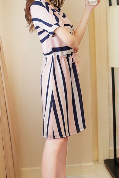 Womens Summer Round Neck Short Rolled Sleeve Striped Ruched Tie Front Midi A-Line Dress