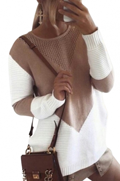 Womens Trendy Patchwork Print Pierced Round Neck Long Sleeve Sweater