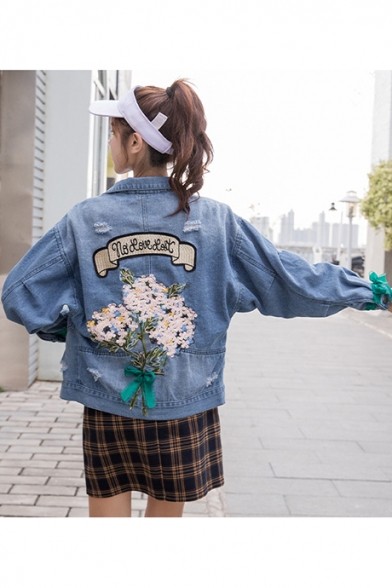 Womens Unique Fancy Floral Embroidery Long Sleeve Button Front Ripped Denim Jacket