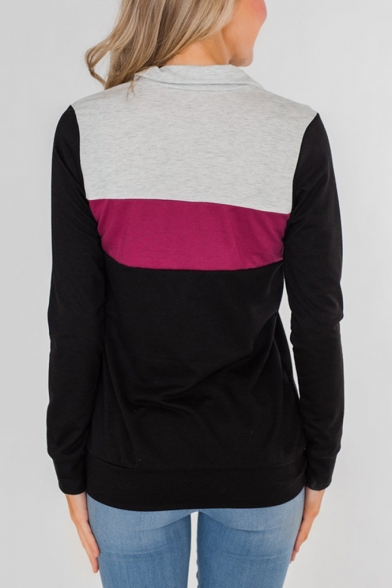 Zippered Lapel Collar Long Sleeve Color Blocked Pocket Sweatshirt