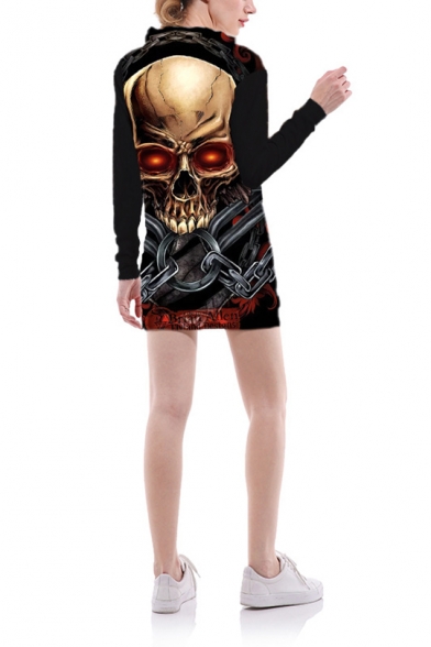 3D Skull Print Long Sleeve Long Pullover Hoodie With Pocket
