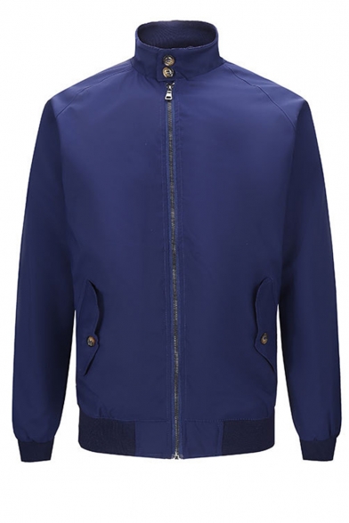 Basic Simple British Style Plain High Neck Long Sleeve Zip Up Leisure Jacket