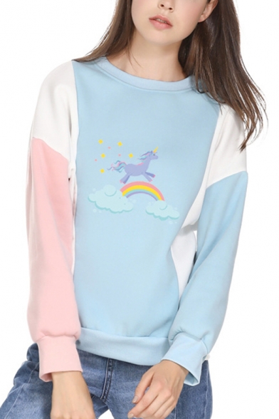Cartoon Rainbow Unicorn Printed Long Sleeve Round Neck Color Block Pullover Sweatshirt