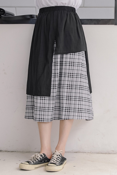 Chic Personalized High Waist Check Printed Asymmetric Patchwork Midi Flared A-Line Skirt