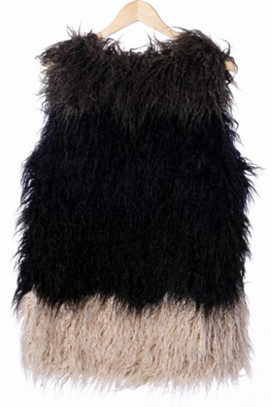 Chic V Neck Contrast Panel Long Fox Fur Vest Coat with Pockets