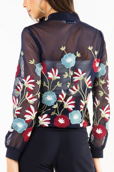 Chic Women's Embroidery Floral Printed Lace Panel Zipper Translucent Jacket Coat