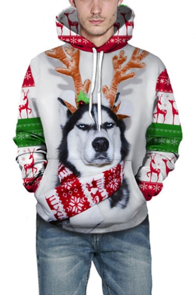 Christmas New Fashion Color Block Antlers Dog 3D Printed Long Sleeve White Casual Loose Hoodie