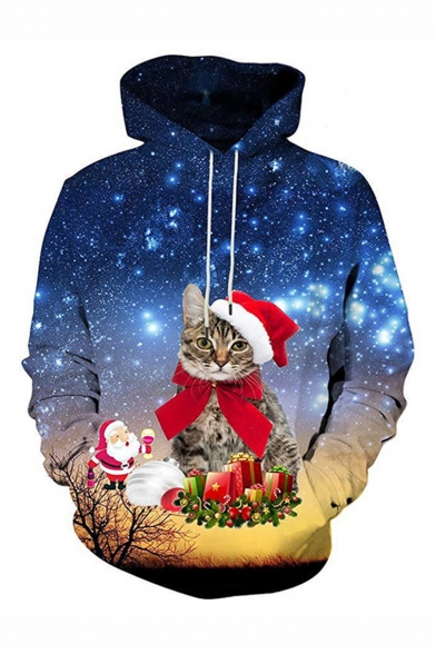 Christmas New Fashion Galaxy Cat 3D Printed Long Sleeve Blue Drawstring Hoodie