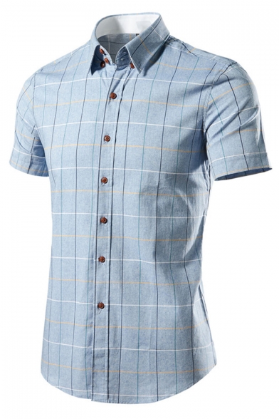 Classic Fashion Plaid Printed Short Sleeve Button Front Casual Shirt for Men