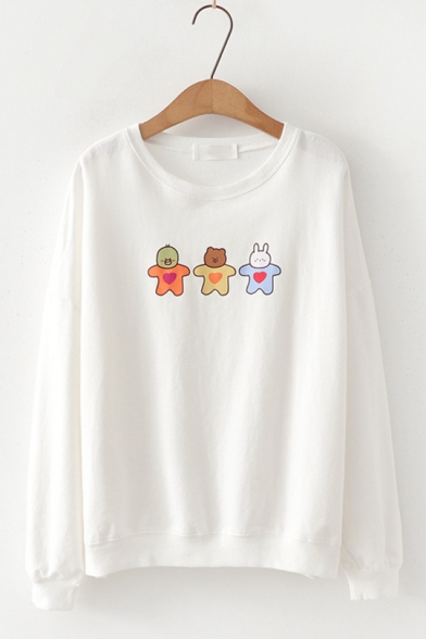 Cute Cartoon Animal Printed Round Neck Long Sleeve Loose Pullover Sweatshirt