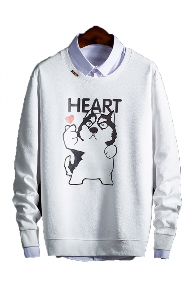 Cute Cartoon Cat Letter HEART Printed Long Sleeve Round Neck Mens Casual Pullover Sweatshirts