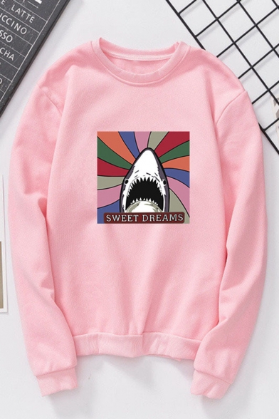 Cute Cartoon Shark Letter SWEET DREAMS Printed Long Sleeve Round Neck Trendy Sweatshirts