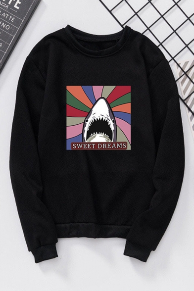 Cute Cartoon Shark Letter SWEET DREAMS Printed Long Sleeve Round Neck Trendy Sweatshirts