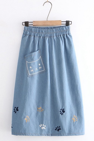 Cute Elastic Waist Embroidery Cat Footprint Denim Mid-Length A-Line Skirt with Pocket