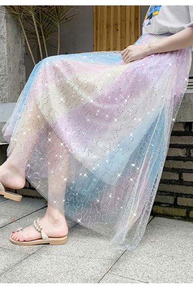 Elegant Rainbow Color High Waist Sequin Embellished Flared Mesh Midi Skirt for Dating