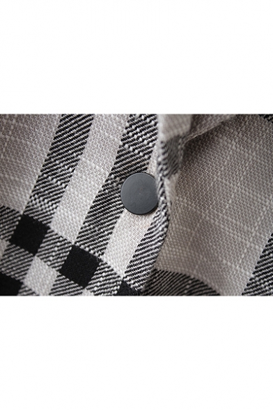 Fashion Plaid Pattern Notch Lapel Pocket Front Single Button Longline Trench Coat