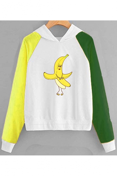 Funny Banana Print Color Block Long Sleeve Hoodie