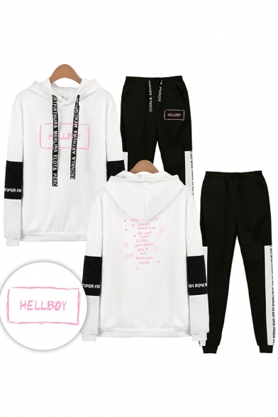 Funny Pink Letters HELLBOY Print Long Sleeve Loose Hoodie with Athletic Sweatpants Co-ords