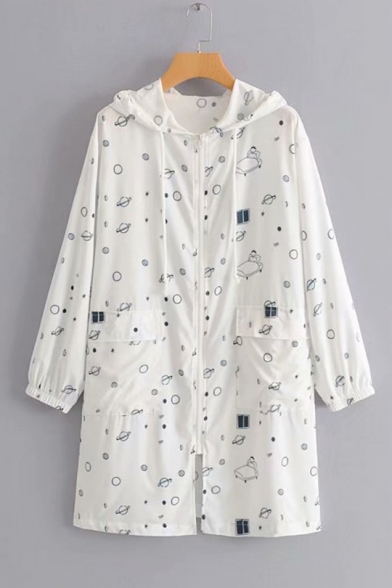 Girls Summer White Cartoon Allover Cat and Planet Printed Sunscreen Hooded Zip Up Longline Coat