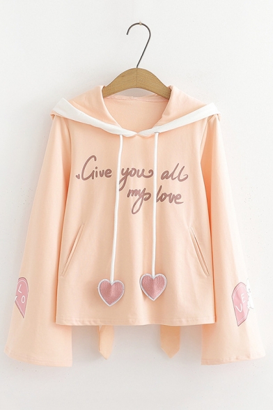 Give You All My Love Letter Love Heart Embroidered Lovely Ear Long Sleeve Leisure Hoodie With Pockets