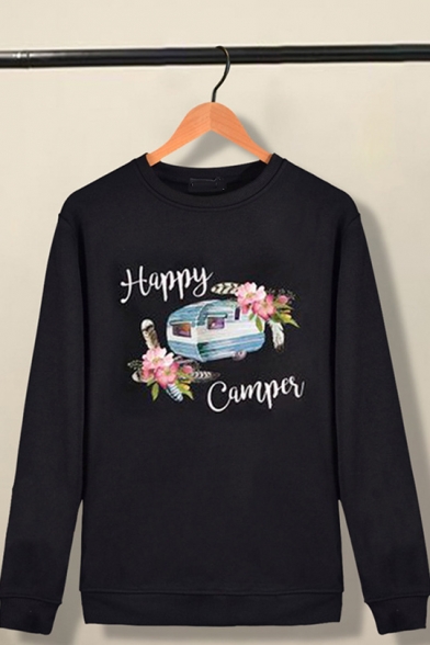 Happy Camper Letter Flower Printed Round Neck Long Sleeve Black Leisure Pullover Sweatshirt
