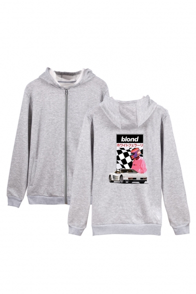 Hot Fashion BLOND Letter Car Checkerboard Figure Printed Long Sleeve Casual Sports Zip Up Hoodie