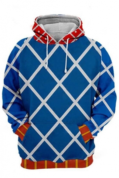 Hot Fashion Blue Check Pattern Comic Cosplay Costume Long Sleeve Casual Loose Hoodie