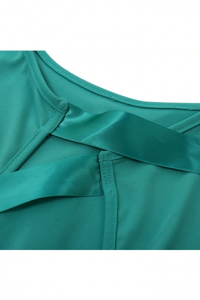 Hot Fashion Round Neck Cap Sleeve Sequined Twist-Waist Tie Back Open Back Pleat Hem Maxi Plain Bodycon Dress