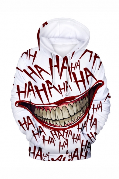 Hot Popular Haha Clown Joker Mouth 3D Printed Long Sleeve White Drawstring Pullover Hoodie