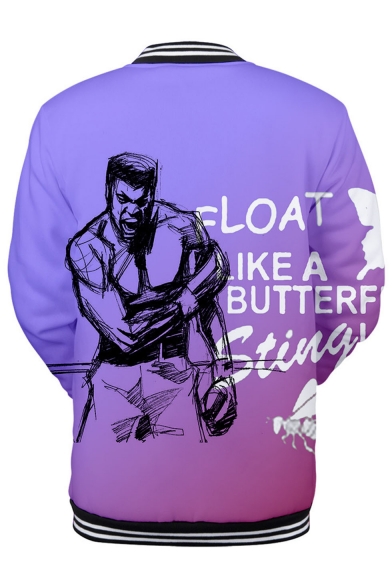 Hot Popular Letter FLOAT LIKE A BUTTERFLY Figure Pattern Collar Long Sleeve Purple Baseball Jacket