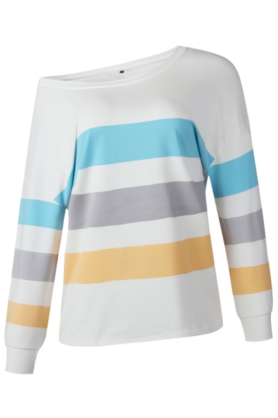 Hot Women's Stripe Print One Shoulder Long Sleeve Pullover Sweatshirt