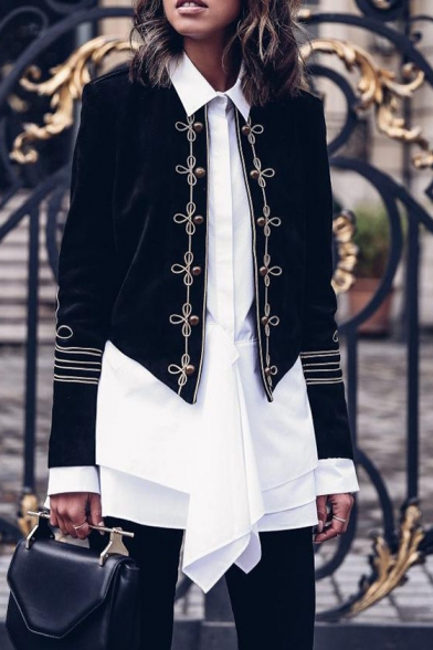 Ladies Black Double-Breasted Asymmetric Hem Steampunk Military Parade Cropped Uniform Jacket