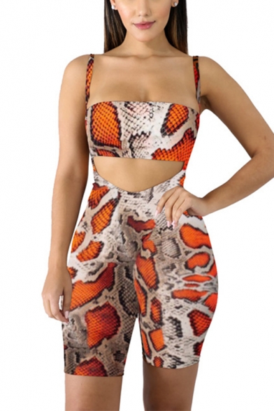 Ladies Cool Snake Print Bandeau Top with Slim Fitted Suspender Bermuda Shorts Co-ords